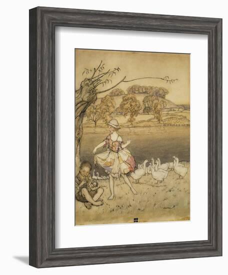 An Illustration to 'English Fairy Tales': Tattercoats Dancing While the Gooseherd Pipes-Arthur Rackham-Framed Giclee Print