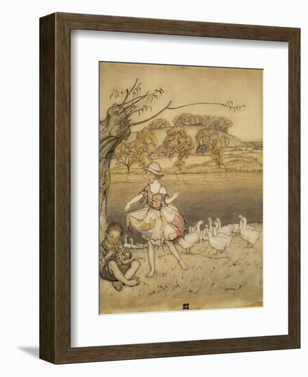 An Illustration to 'English Fairy Tales': Tattercoats Dancing While the Gooseherd Pipes-Arthur Rackham-Framed Giclee Print