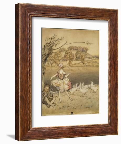 An Illustration to 'English Fairy Tales': Tattercoats Dancing While the Gooseherd Pipes-Arthur Rackham-Framed Giclee Print