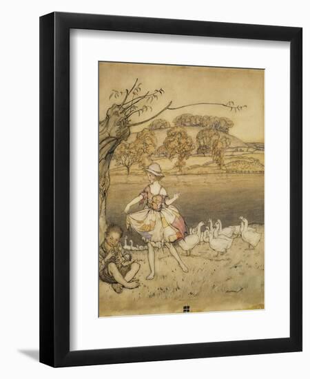 An Illustration to 'English Fairy Tales': Tattercoats Dancing While the Gooseherd Pipes-Arthur Rackham-Framed Giclee Print