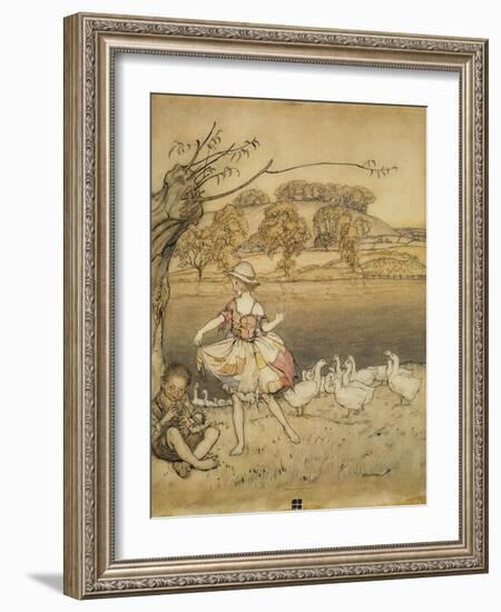 An Illustration to 'English Fairy Tales': Tattercoats Dancing While the Gooseherd Pipes-Arthur Rackham-Framed Giclee Print