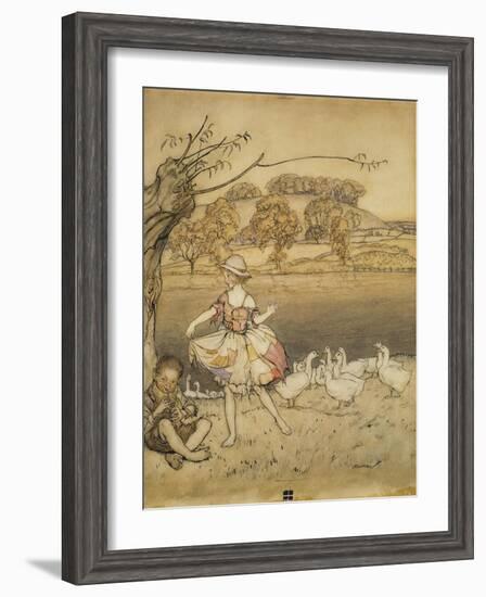 An Illustration to 'English Fairy Tales': Tattercoats Dancing While the Gooseherd Pipes-Arthur Rackham-Framed Giclee Print