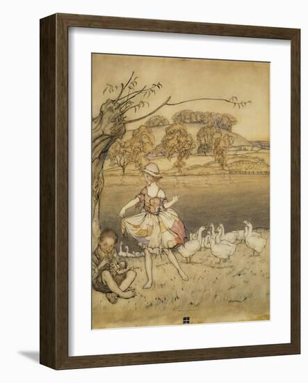 An Illustration to 'English Fairy Tales': Tattercoats Dancing While the Gooseherd Pipes-Arthur Rackham-Framed Giclee Print