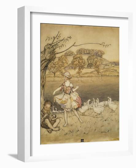 An Illustration to 'English Fairy Tales': Tattercoats Dancing While the Gooseherd Pipes-Arthur Rackham-Framed Giclee Print