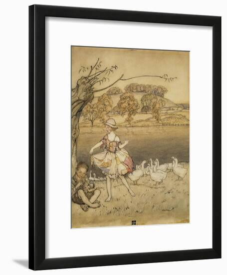 An Illustration to 'English Fairy Tales': Tattercoats Dancing While the Gooseherd Pipes-Arthur Rackham-Framed Giclee Print