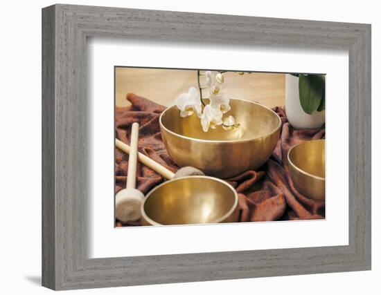 An Image of Some Singing Bowls and a White Orchid-magann-Framed Photographic Print