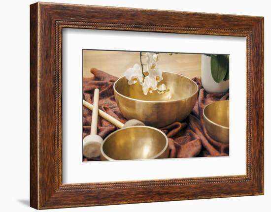 An Image of Some Singing Bowls and a White Orchid-magann-Framed Photographic Print