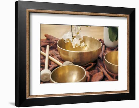 An Image of Some Singing Bowls and a White Orchid-magann-Framed Photographic Print