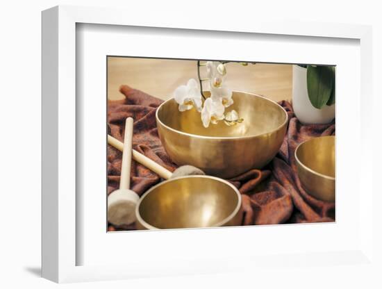 An Image of Some Singing Bowls and a White Orchid-magann-Framed Photographic Print