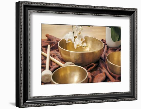 An Image of Some Singing Bowls and a White Orchid-magann-Framed Photographic Print