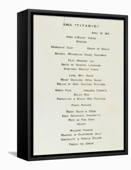 An Important First Class Passenger Menu from the R.M.S. Titanic, Cafe Parisien-null-Framed Premier Image Canvas