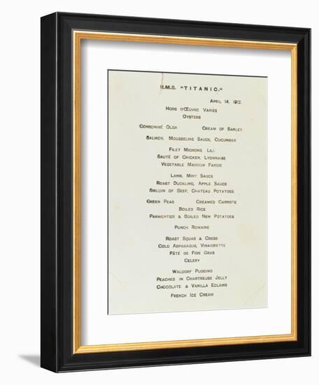 An Important First Class Passenger Menu from the R.M.S. Titanic, Cafe Parisien-null-Framed Giclee Print