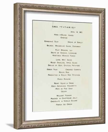 An Important First Class Passenger Menu from the R.M.S. Titanic, Cafe Parisien-null-Framed Giclee Print