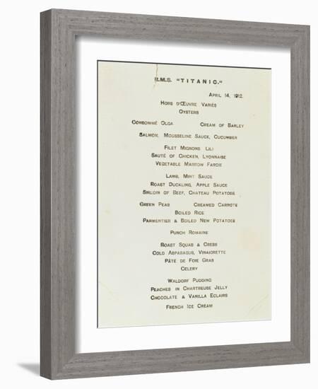 An Important First Class Passenger Menu from the R.M.S. Titanic, Cafe Parisien-null-Framed Giclee Print