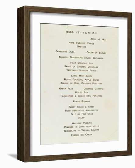 An Important First Class Passenger Menu from the R.M.S. Titanic, Cafe Parisien-null-Framed Giclee Print