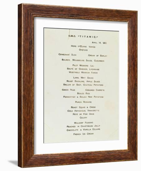 An Important First Class Passenger Menu from the R.M.S. Titanic, Cafe Parisien-null-Framed Giclee Print