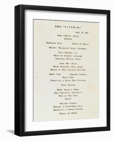 An Important First Class Passenger Menu from the R.M.S. Titanic, Cafe Parisien-null-Framed Giclee Print