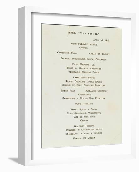 An Important First Class Passenger Menu from the R.M.S. Titanic, Cafe Parisien-null-Framed Giclee Print