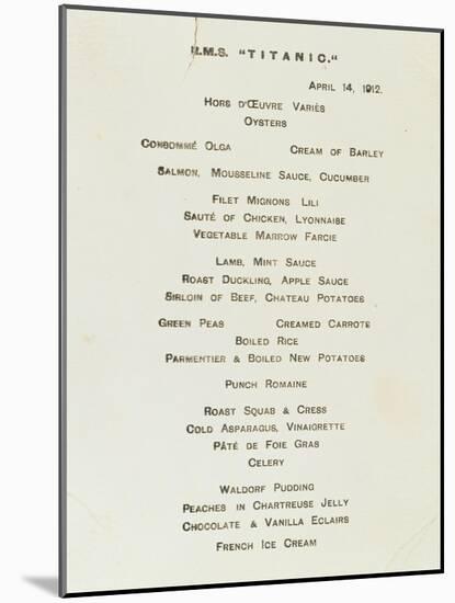 An Important First Class Passenger Menu from the R.M.S. Titanic, Cafe Parisien-null-Mounted Giclee Print