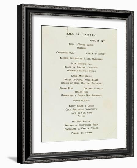 An Important First Class Passenger Menu from the R.M.S. Titanic, Cafe Parisien-null-Framed Giclee Print