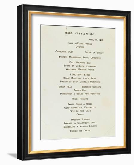 An Important First Class Passenger Menu from the R.M.S. Titanic, Cafe Parisien-null-Framed Giclee Print