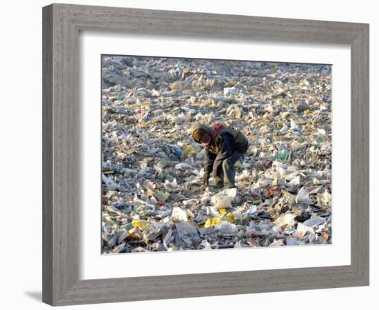An Impoverished Mongolian Man Sorts Through Garbage at an Ulan Bator Dump-null-Framed Photographic Print
