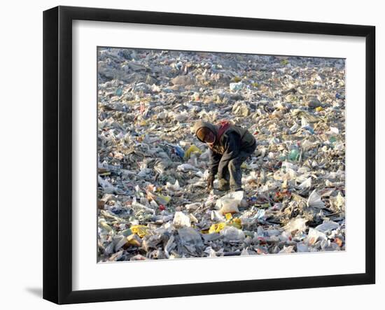 An Impoverished Mongolian Man Sorts Through Garbage at an Ulan Bator Dump-null-Framed Photographic Print