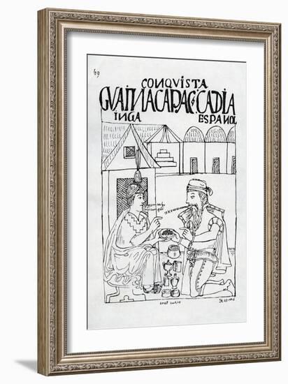 An Inca Asks a Spaniard What He Eats, He Replies 'Gold' (Woodcut)-Felipe Huaman Poma De Ayala-Framed Giclee Print