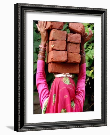 An Indian Woman Construction Worker Stacks Bricks on Her Head-null-Framed Photographic Print