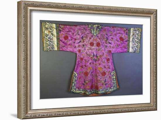 An Informal Robe of Mauve Satin Woven with a Floral Damask Repeat, Embroidered with Pheasants,…--Framed Giclee Print