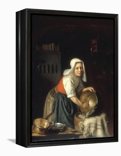 An Interior with a Maid Cleaning Pots-Gabriel Metsu-Framed Premier Image Canvas