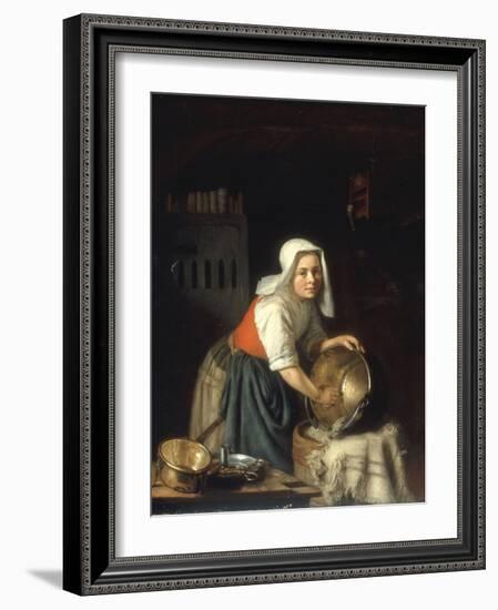 An Interior with a Maid Cleaning Pots-Gabriel Metsu-Framed Giclee Print
