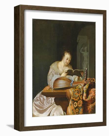 An Interior with a Woman Reading Music at a Partially Draped Table with a Double-Head Lute, 1671 (O-Frans Van Mieris-Framed Giclee Print