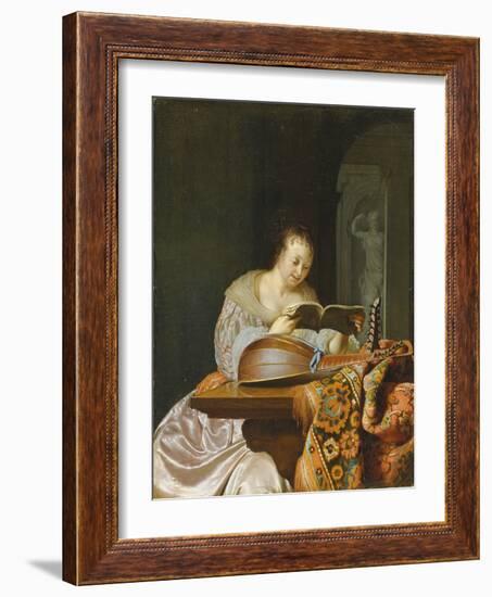 An Interior with a Woman Reading Music at a Partially Draped Table with a Double-Head Lute, 1671 (O-Frans Van Mieris-Framed Giclee Print