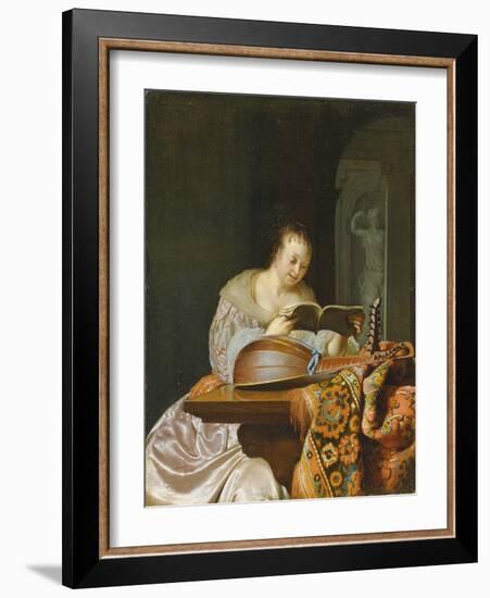 An Interior with a Woman Reading Music at a Partially Draped Table with a Double-Head Lute, 1671 (O-Frans Van Mieris-Framed Giclee Print