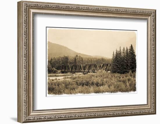 An iron rail crossing bridge in vintage sepia, Alaska-Sheila Haddad-Framed Photographic Print