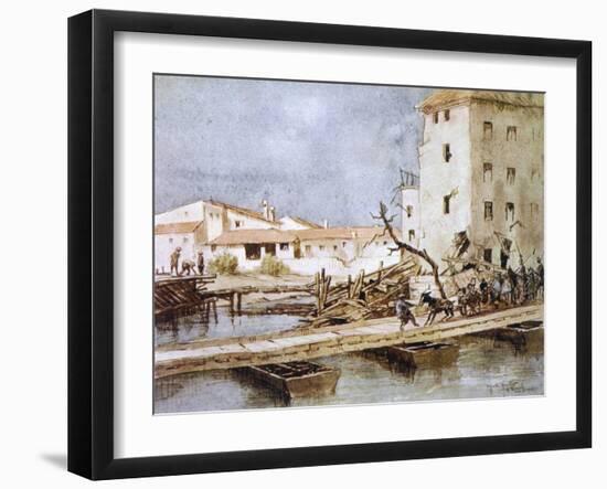 An Italian Donkey Temporarily Blocks Traffic on a Pontoon Bridge at Sacile-Martin Hardie-Framed Art Print