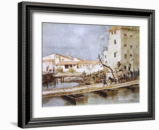 An Italian Donkey Temporarily Blocks Traffic on a Pontoon Bridge at Sacile-Martin Hardie-Framed Art Print