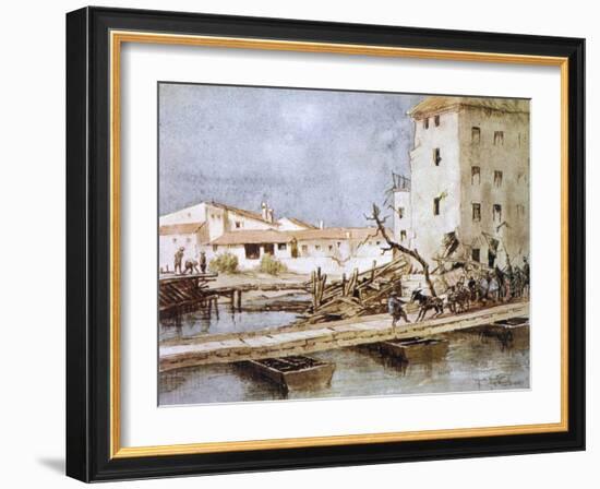 An Italian Donkey Temporarily Blocks Traffic on a Pontoon Bridge at Sacile-Martin Hardie-Framed Art Print