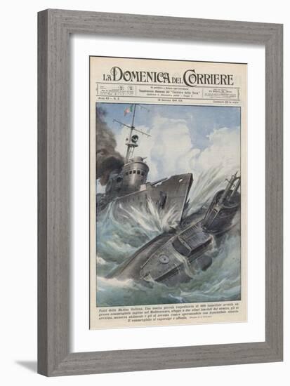 An Italian Torpedo Boat Heroically Rams and Sinks a British Submarine-Achille Beltrame-Framed Art Print