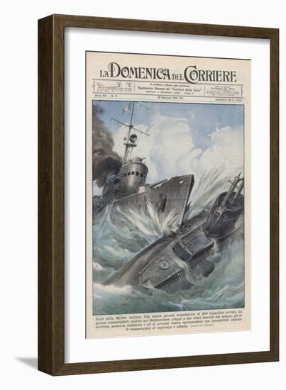 An Italian Torpedo Boat Heroically Rams and Sinks a British Submarine-Achille Beltrame-Framed Art Print
