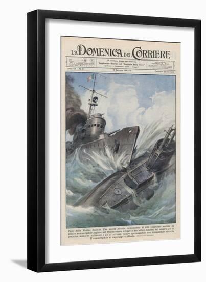 An Italian Torpedo Boat Heroically Rams and Sinks a British Submarine-Achille Beltrame-Framed Art Print