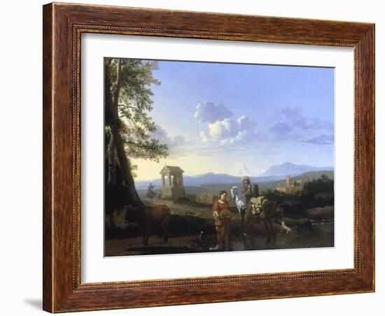 An Italianate Landscape with Peasants and a Pack Mule Watering, probably 1660s-Karel Dujardin-Framed Giclee Print