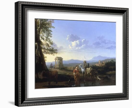 An Italianate Landscape with Peasants and a Pack Mule Watering, probably 1660s-Karel Dujardin-Framed Giclee Print