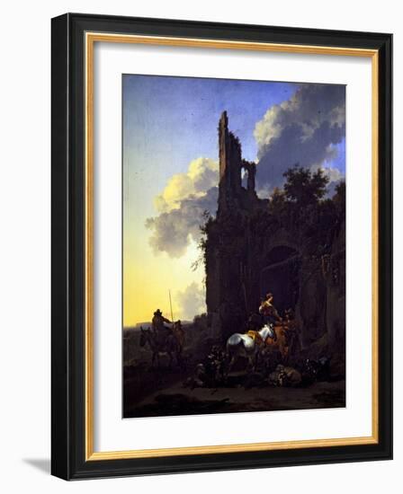 An Italianate Landscape with Peasants outside an Inn, 17Th Century (On Canvas)-Nicolaes Pietersz Berchem-Framed Giclee Print