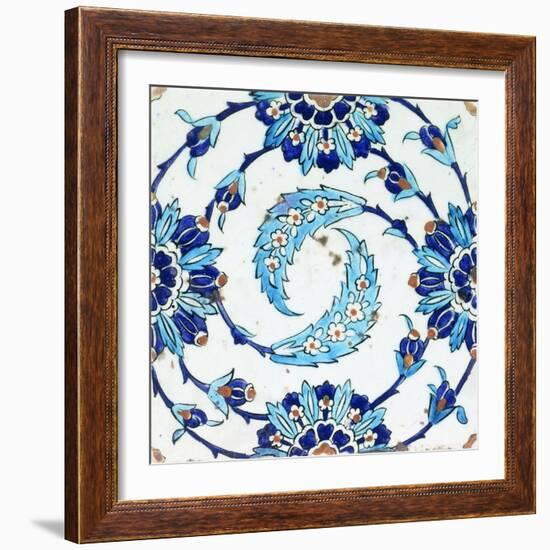 An Iznik Pottery Tile, with a Spiralling Floral Motif, Early 17th Century-null-Framed Giclee Print