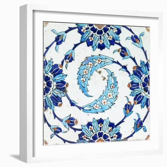 An Iznik Pottery Tile, with a Spiralling Floral Motif, Early 17th Century-null-Framed Giclee Print
