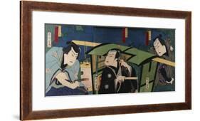 An Oban Triptych Depicting a Nocturnal Scene with Three Actors before a Pal-Toyohara Kunichika-Framed Giclee Print