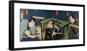 An Oban Triptych Depicting a Nocturnal Scene with Three Actors before a Pal-Toyohara Kunichika-Framed Giclee Print