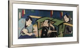 An Oban Triptych Depicting a Nocturnal Scene with Three Actors before a Pal-Toyohara Kunichika-Framed Giclee Print